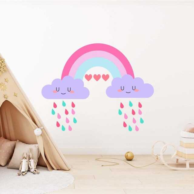 Colourful Rainbow Rain Drops Cloud Face Wall Mural Stickers Nursery Children Bedroom Set - image 1
