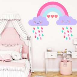 Colourful Rainbow Rain Drops Cloud Face Wall Mural Stickers Nursery Children Bedroom Set - thumbnail 3