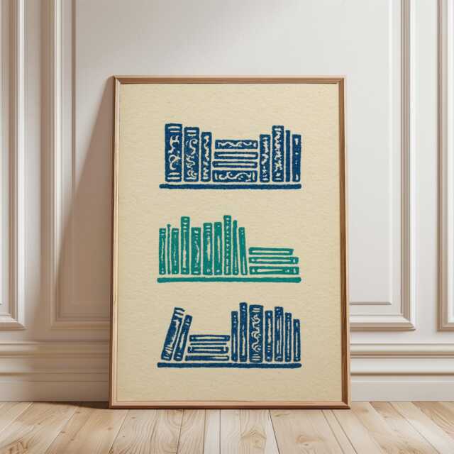 Japanese Bookshelf Poster - Blue Green Book Illustration Minimal Library Wall Art - image 1