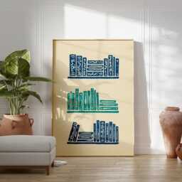 Japanese Bookshelf Poster - Blue Green Book Illustration Minimal Library Wall Art - thumbnail 3