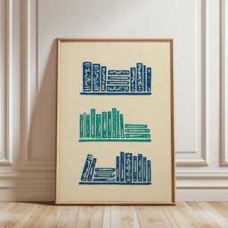 Japanese Bookshelf Poster - Blue Green Book Illustration Minimal Library Wall Art - thumbnail 1