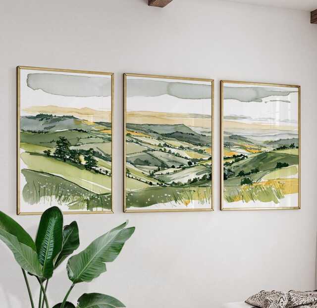 Green Countryside Landscape Trio, Neutral Farmhouse Wall Art Set - image 1