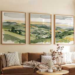 Green Countryside Landscape Trio, Neutral Farmhouse Wall Art Set - thumbnail 4