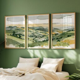 Green Countryside Landscape Trio, Neutral Farmhouse Wall Art Set - thumbnail 2