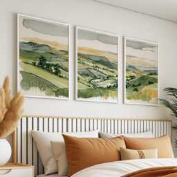 Green Countryside Landscape Trio, Neutral Farmhouse Wall Art Set - thumbnail 3