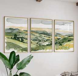 Green Countryside Landscape Trio, Neutral Farmhouse Wall Art Set - thumbnail 1