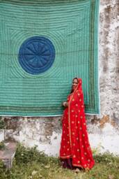 Block Printed Cotton Quilt Reversible Green & Blue Bedding Set, Twin/Queen King Kantha Comforter