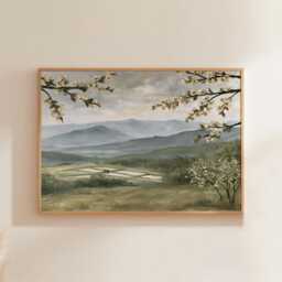 Blossom Mountain Poster, Green Valley Print, Nature Wall Art, Paper - thumbnail 1