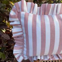 Red White Stripe Lumbar Cushion Cover, Handmade Ruffle Patio Pillow - thumbnail 3