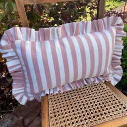 Red White Stripe Lumbar Cushion Cover, Handmade Ruffle Patio Pillow