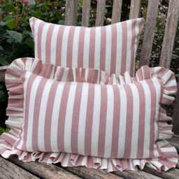 Red White Stripe Lumbar Cushion Cover, Handmade Ruffle Patio Pillow - thumbnail 2