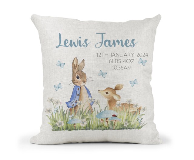 Personalised Peter Rabbit Deer Cushion.boys Christening Gift, New Baby Keepsake , Bedroom Decor - image 1