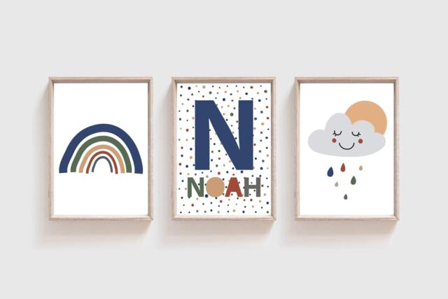 Set Of 3 Boys Nursery Prints, Rainbow Rainbow, Personalised, Decor, Bedroom Wall Art, Playroom - image 1