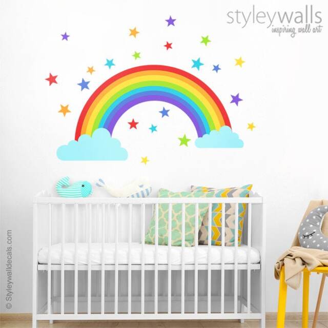 Rainbow Wall Decal, Sticker, Clouds Stars Colorful Kids Baby Nursery Decor - image 1