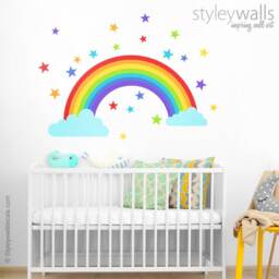 Rainbow Wall Decal, Sticker, Clouds Stars Colorful Kids Baby Nursery Decor - thumbnail 1