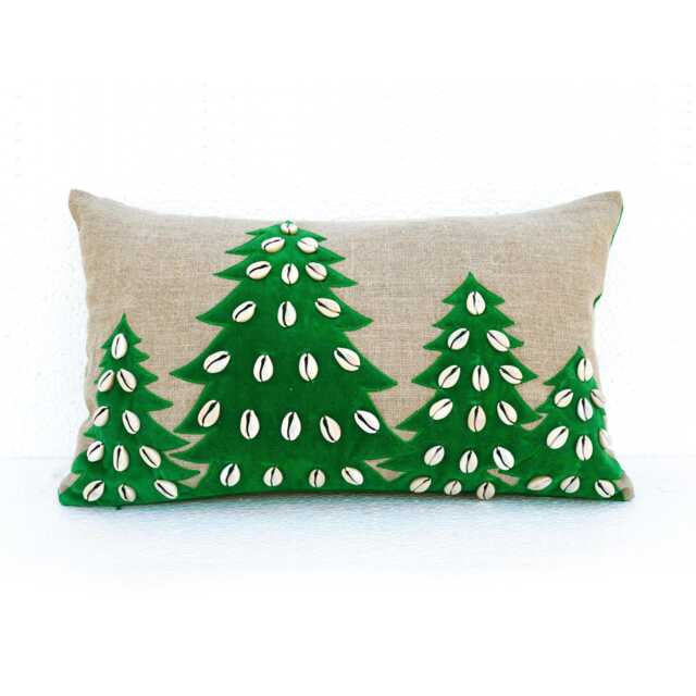 "Christmas Tree Linen Pillow Cover, Velvet Applique, Cowrie Shells - 12""x 20" - image 1