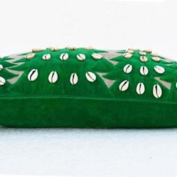 "Christmas Tree Linen Pillow Cover, Velvet Applique, Cowrie Shells - 12""x 20" - thumbnail 3