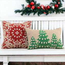 "Christmas Tree Linen Pillow Cover, Velvet Applique, Cowrie Shells - 12""x 20" - thumbnail 4