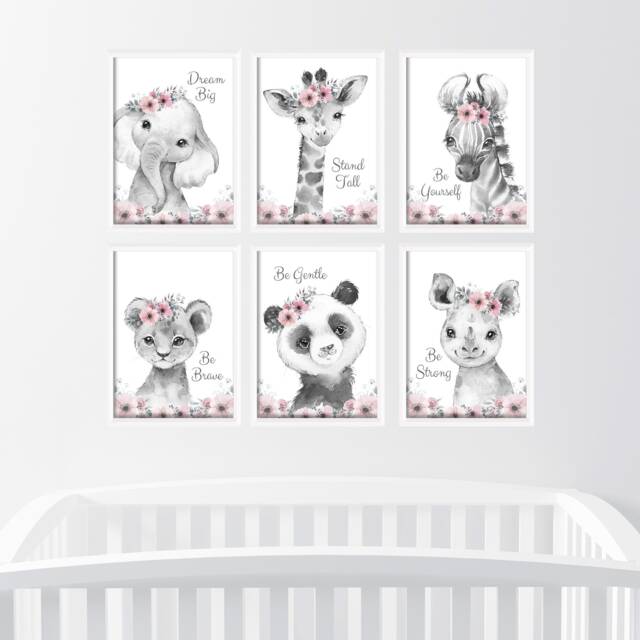 Choose Your Own Safari Jungle Animal Elephant Giraffe Zebra Lion 10 Girls A4 Or A3 Nursery Set Unframed Prints Leaves Flowers & Text Pink - image 1