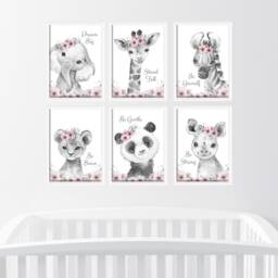 Choose Your Own Safari Jungle Animal Elephant Giraffe Zebra Lion 10 Girls A4 Or A3 Nursery Set Unframed Prints Leaves Flowers & Text Pink - thumbnail 1