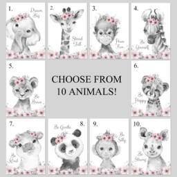 Choose Your Own Safari Jungle Animal Elephant Giraffe Zebra Lion 10 Girls A4 Or A3 Nursery Set Unframed Prints Leaves Flowers & Text Pink - thumbnail 2