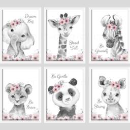 Choose Your Own Safari Jungle Animal Elephant Giraffe Zebra Lion 10 Girls A4 Or A3 Nursery Set Unframed Prints Leaves Flowers & Text Pink - thumbnail 3