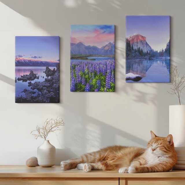 Canvas Art Set Of 3 - Mountain Landscapes With Water, Sky & A Field Flowers, Purple Wall Art, Hanging Piece - image 1