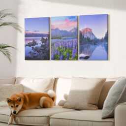 Canvas Art Set Of 3 - Mountain Landscapes With Water, Sky & A Field Flowers, Purple Wall Art, Hanging Piece - thumbnail 2