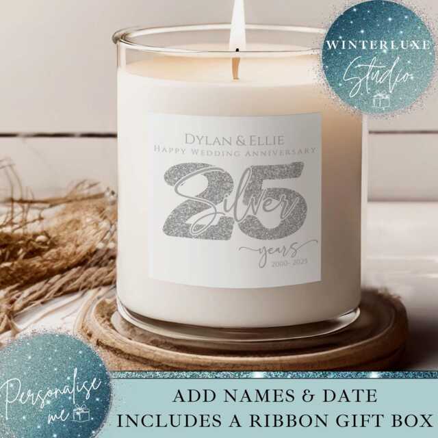 Personalised 25Th Wedding Anniversary Candle Gift Set, Silver Anniversary, Milestone Candle, Keepsake Mum & Dad - image 1