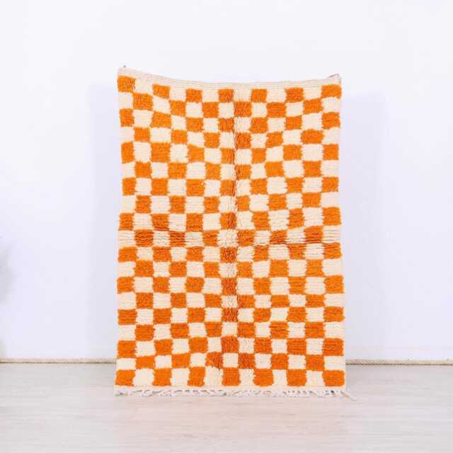 Moroccan Checkered Rug, Small Morrocan White & Orange Rug - image 1