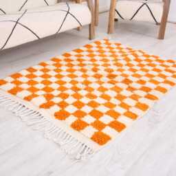 Moroccan Checkered Rug, Small Morrocan White & Orange Rug - thumbnail 3
