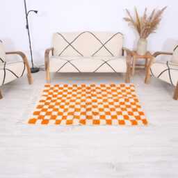 Moroccan Checkered Rug, Small Morrocan White & Orange Rug - thumbnail 2