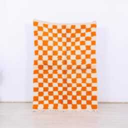 Moroccan Checkered Rug, Small Morrocan White & Orange Rug