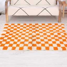 Moroccan Checkered Rug, Small Morrocan White & Orange Rug - thumbnail 4