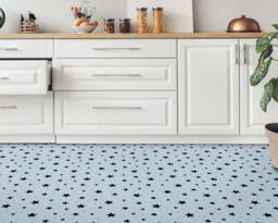 Stars Stamps Pattern Vinyl Flooring, Blue Retro Floor Art, Black Gift For Her, Geometric Bedroom Inspirations, Sheet Flooring - thumbnail 1