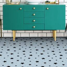 Stars Stamps Pattern Vinyl Flooring, Blue Retro Floor Art, Black Gift For Her, Geometric Bedroom Inspirations, Sheet Flooring - thumbnail 3