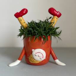 Planter Pot, Ceramic Planter, Funny Girl, Orange , Yellow, Green, Made To Order - thumbnail 3