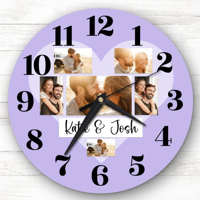 Couple Love Heart Photos Purple Romantic Personalised Gift Clock - image 1