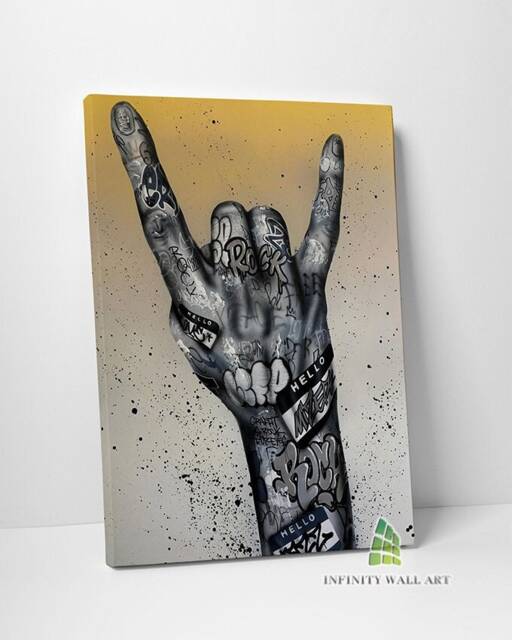 Rock On Graffiti Hand Canvas Art Wall Print Picture Banksy Style Framed Home Decor -D24 - image 1