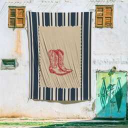 Vintage Rodeo Cowboy Boots Tapestry Flag Banner, Red Navy Western Wall Art, Rustic Mid Century Modern Decor, Striped Retro Boho - thumbnail 3