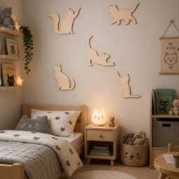 Wooden Cat Wall Decor Set - Nursery Animal Girls Bedroom Playroom Lover Gift Decal Stickers