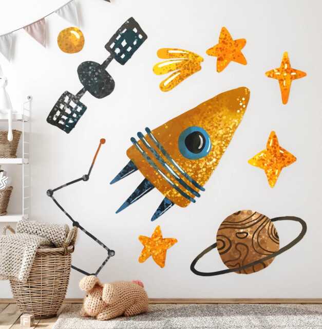 Rocket Planet & Stars Wall Stickers For Baby Room, Yellow Children's Room Decor, Cosmos Decal Kids Self Adhesive - image 1