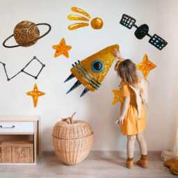Rocket Planet & Stars Wall Stickers For Baby Room, Yellow Children's Room Decor, Cosmos Decal Kids Self Adhesive - thumbnail 2