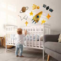 Rocket Planet & Stars Wall Stickers For Baby Room, Yellow Children's Room Decor, Cosmos Decal Kids Self Adhesive - thumbnail 3