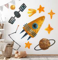 Rocket Planet & Stars Wall Stickers For Baby Room, Yellow Children's Room Decor, Cosmos Decal Kids Self Adhesive - thumbnail 1