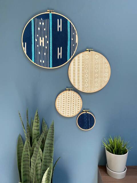 Set Of 4 - Mudcloth Textile Gallery Wall Art Wood Circle Frame Various Sizes, Modern Boho, Authentic Vintage - image 1