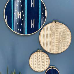 Set Of 4 - Mudcloth Textile Gallery Wall Art Wood Circle Frame Various Sizes, Modern Boho, Authentic Vintage - thumbnail 2