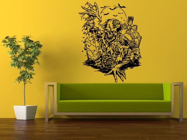 Wall Decal Vinyl Sticker Decals Peal & Stick Cheap Free Shipping Zombie Climbing Grave Yard Bats Skillet L441 - image 1