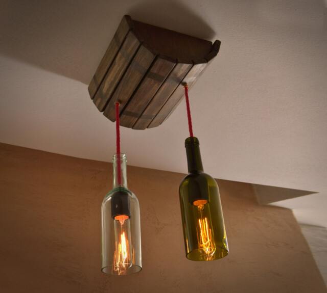 Ceiling Lamp in A Wine Barrel With 2 Shades Of Bottles, Bottles Chandelier, Ceiling Light, Wood Lamp, Wooden Barrel, Restaurant - image 1