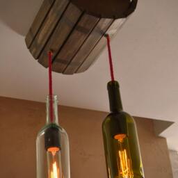 Ceiling Lamp in A Wine Barrel With 2 Shades Of Bottles, Bottles Chandelier, Ceiling Light, Wood Lamp, Wooden Barrel, Restaurant - thumbnail 4